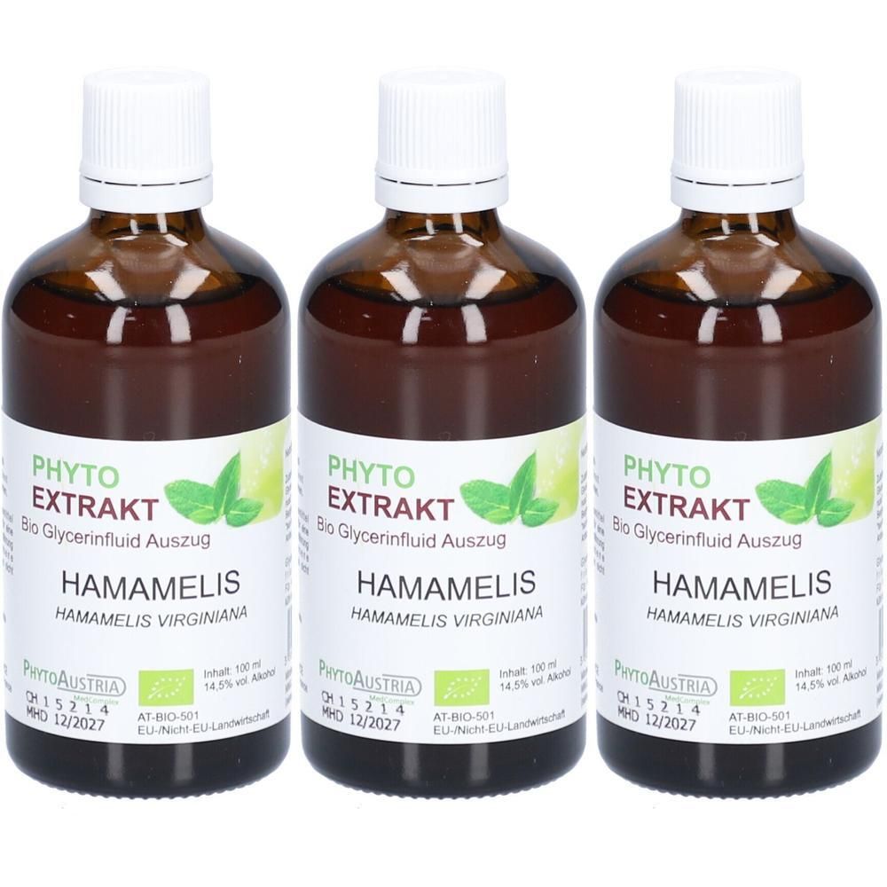 Drei braune Glasflaschen mit weißem Deckel. Aufschrift: PHYTO EXTRAKT HAMAMELIS. Bio Glycerinfluid Auszug. Etikett mit Logo.