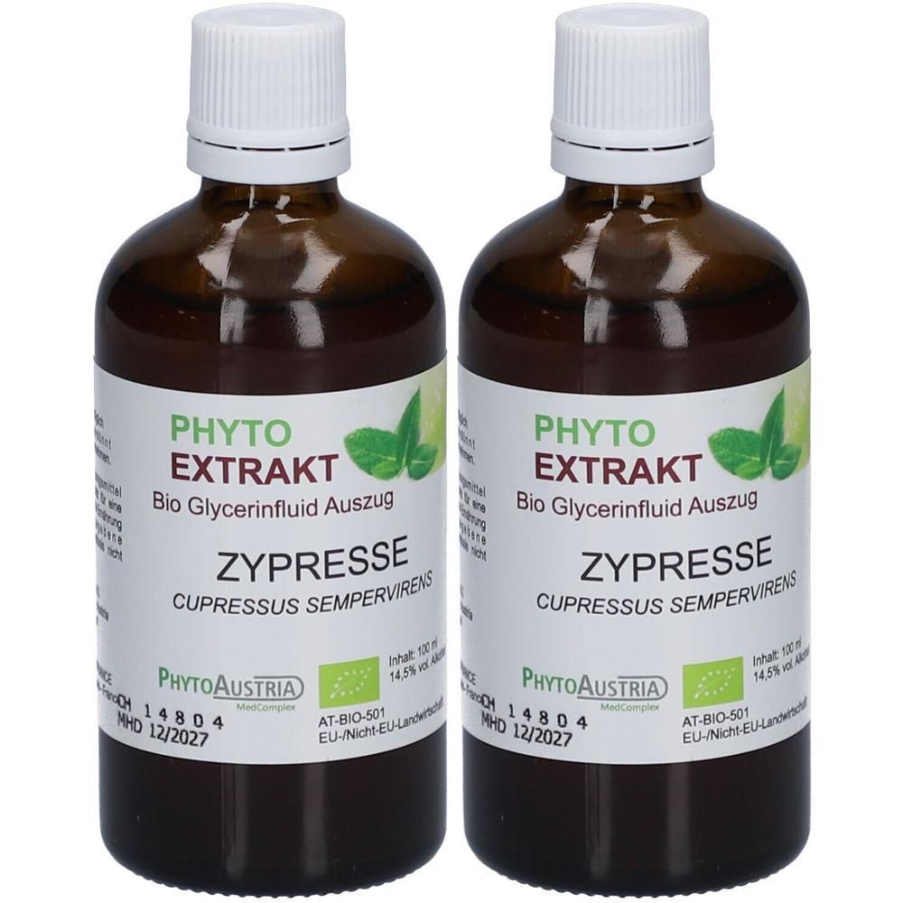 Zwei braune Glasflaschen mit weißem Deckel und Etikett. Aufschrift: PHYTO EXTRAKT ZYPRESSE. Bio Glycerinfluid Auszug. Mit Logo und Zertifizierung.