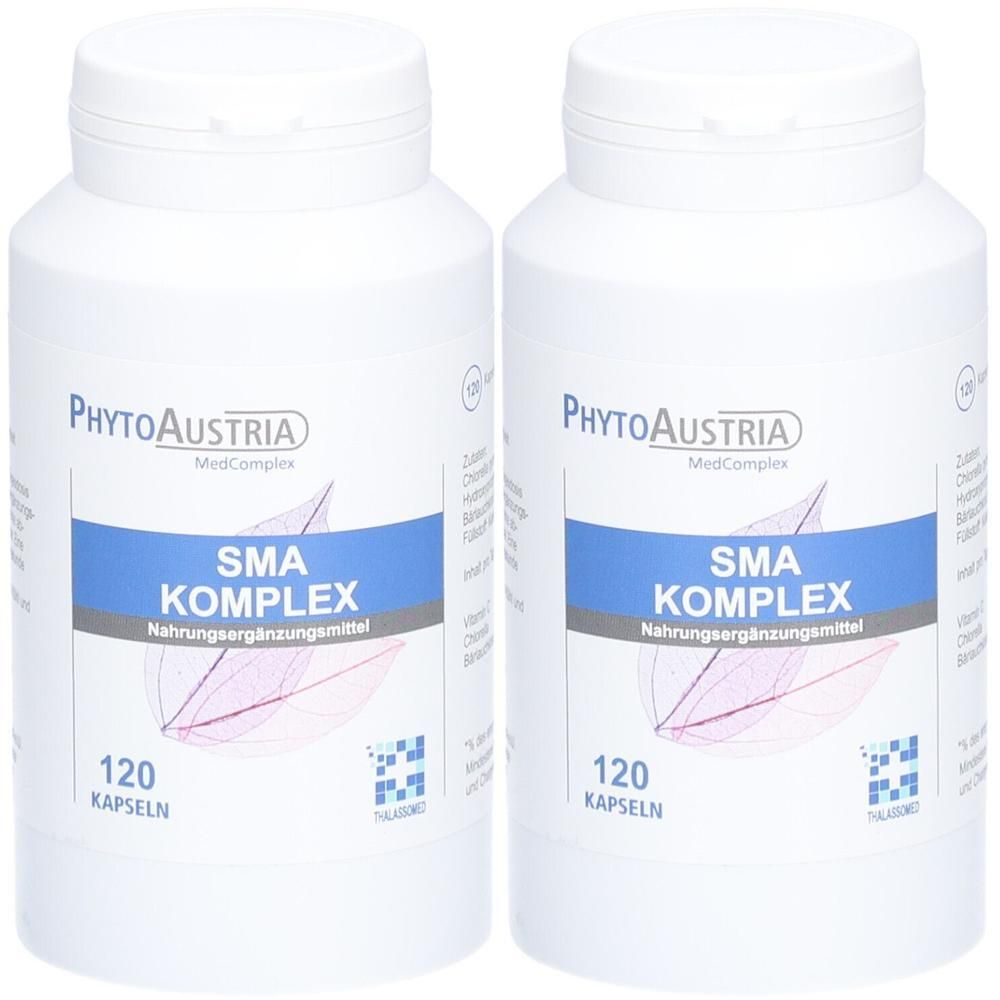 Zwei weiße Flaschen mit Schraubverschluss. Aufschrift: PhytoAustria, SMA KOMPLEX, 120 Kapseln. Nahrungsergänzungsmittel.