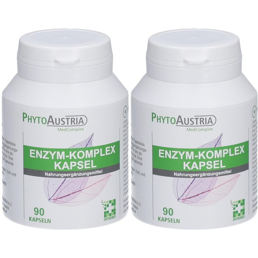 Zwei weiße Flaschen mit Kapseln. Aufschrift: PhytoAustria, ENZYM-KOMPLEX KAPSEL, 90 Kapseln. Nahrungsergänzungsmittel.