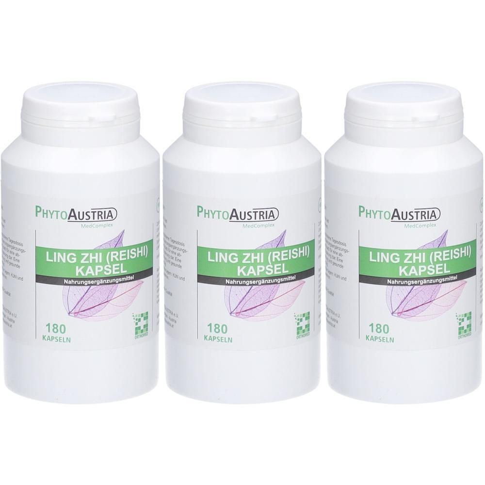 Drei weiße Flaschen mit Schraubverschluss. Auf jeder Flasche steht "PhytoAustria Ling Zhi (Reishi) Kapsel" und "180 Kapseln".