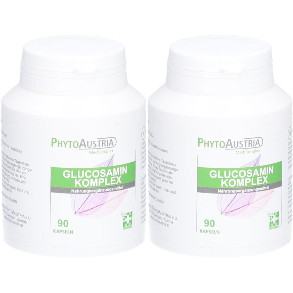 Zwei weiße Flaschen mit Schraubverschluss. Aufschrift: PhytoAustria Glucosamin Komplex, 90 Kapseln. Grün-weißes Etikett.