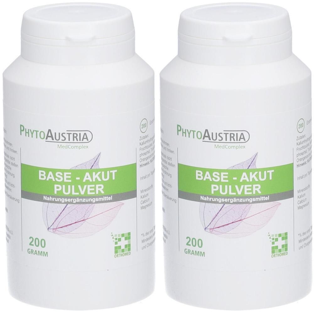 Zwei weiße Flaschen mit Deckel. Aufschrift: PhytoAustria, BASE-AKUT-PULVER, 200 Gramm. Nahrungsergänzungsmittel.