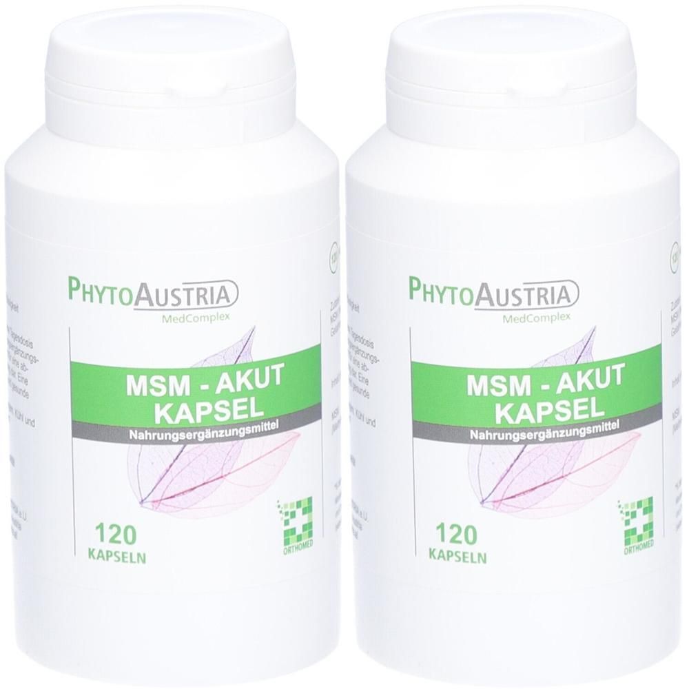 Zwei weiße Flaschen mit Kapseln. Aufschrift: PhytoAustria, MSM-AKUT KAPSEL, 120 Kapseln. Nahrungsergänzungsmittel.