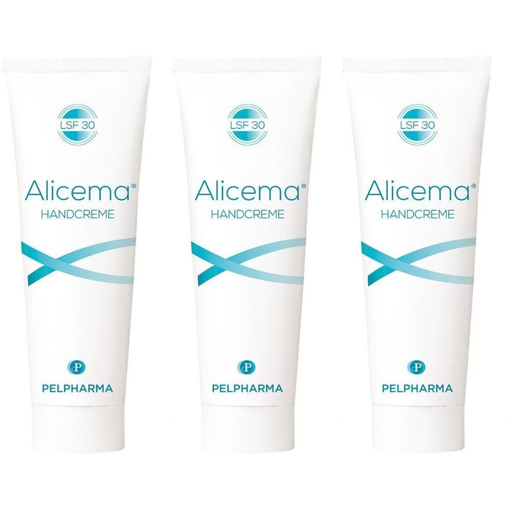 Drei weiße Tuben Alicema Handcreme mit LSF 30 und dem Pelpharma Logo.