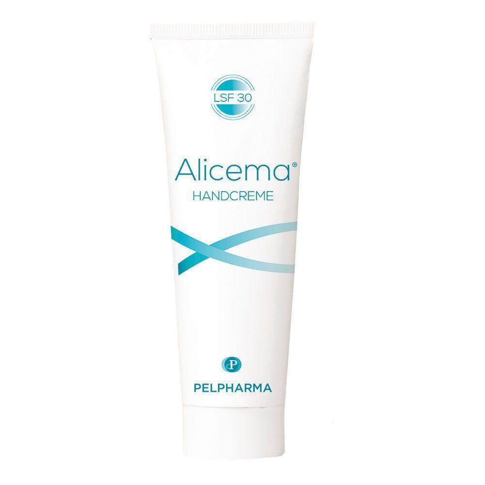 Weiße Tube Alicema Handcreme mit LSF 30 und Pelpharma Logo.