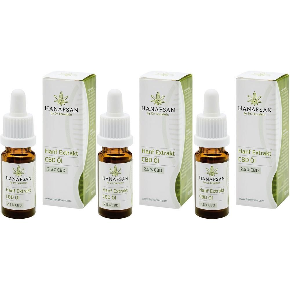 Drei Flaschen und Verpackungen von HANAFSAN Hanf Extrakt CBD Öl 2,5 % CBD. Braune Glasflaschen mit Pipetten, weiße Verpackungen mit grünen Akzenten.