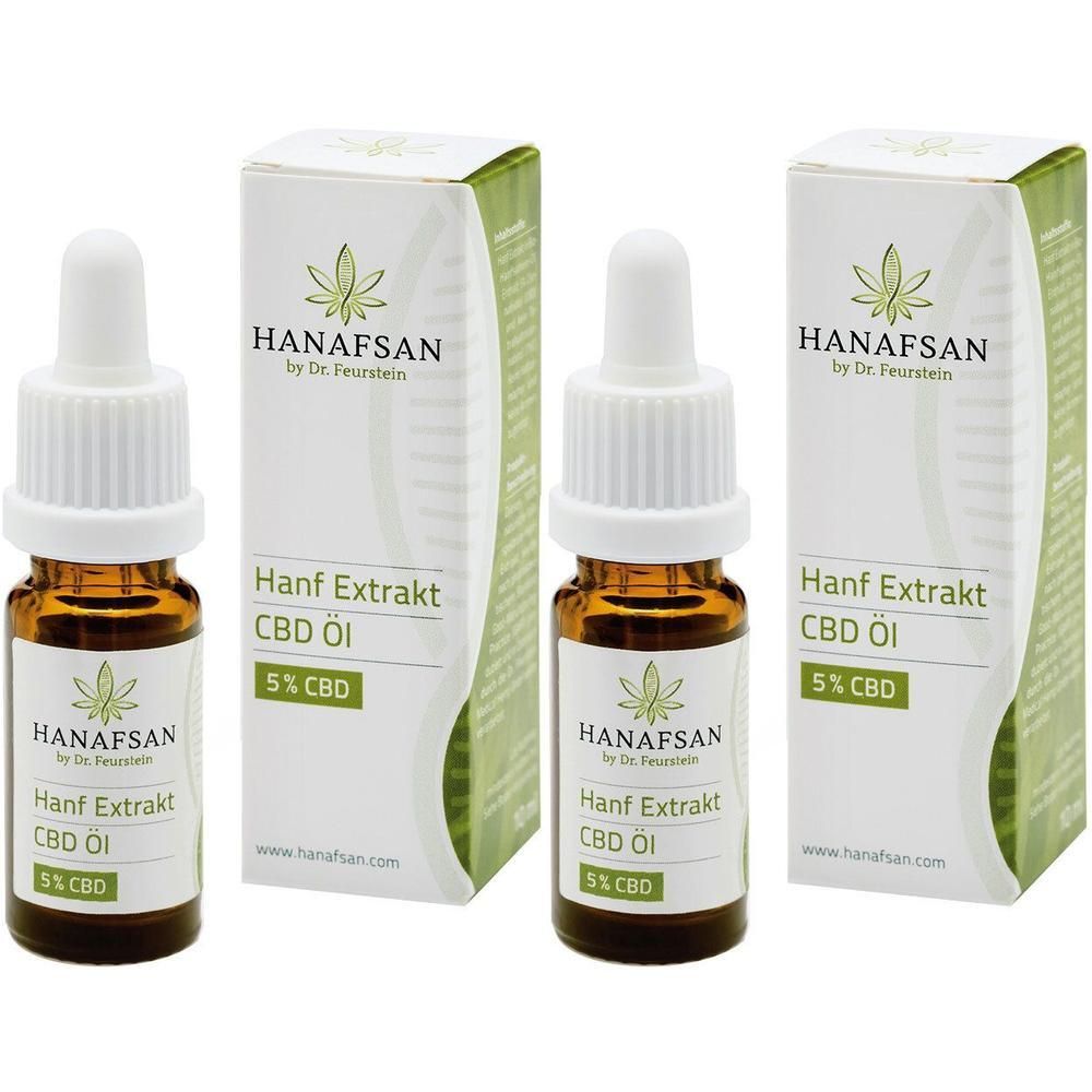 Zwei Flaschen und zwei Verpackungen von HANAFSAN Hanf Extrakt CBD Öl. Flaschen mit Pipette, braunes Glas. Verpackung mit Logo und Text.