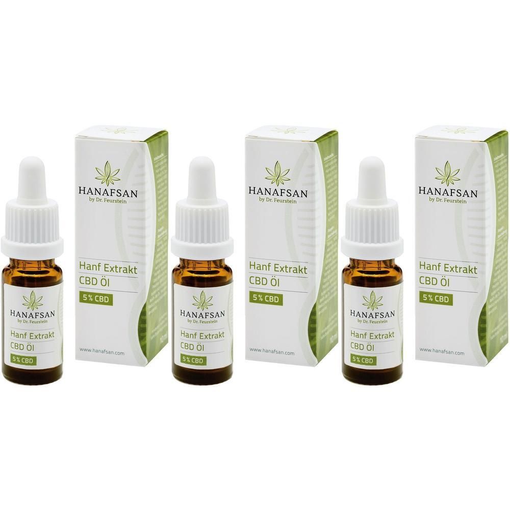 Drei Flaschen mit braunem Öl und weißen Pipetten, neben weißen Schachteln mit grünem Akzent. Auf den Flaschen und Schachteln steht "HANAFSAN Hanf Extrakt CBD Öl 5 % CBD".