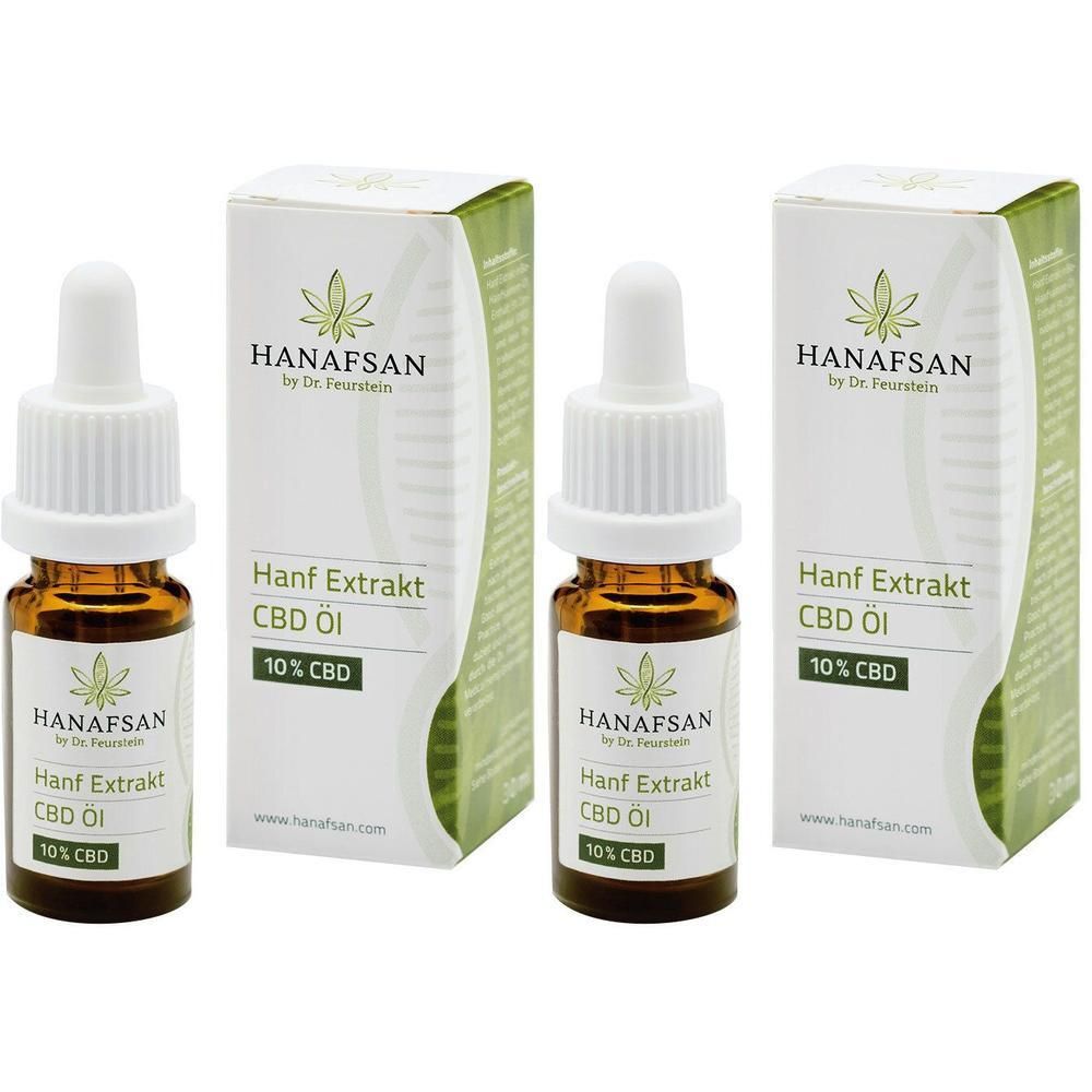 Drei Flaschen mit braunem Öl und weißen Pipetten, daneben drei Kartons. Aufdruck: HANAFSAN, Hanf Extrakt CBD Öl, 10% CBD.