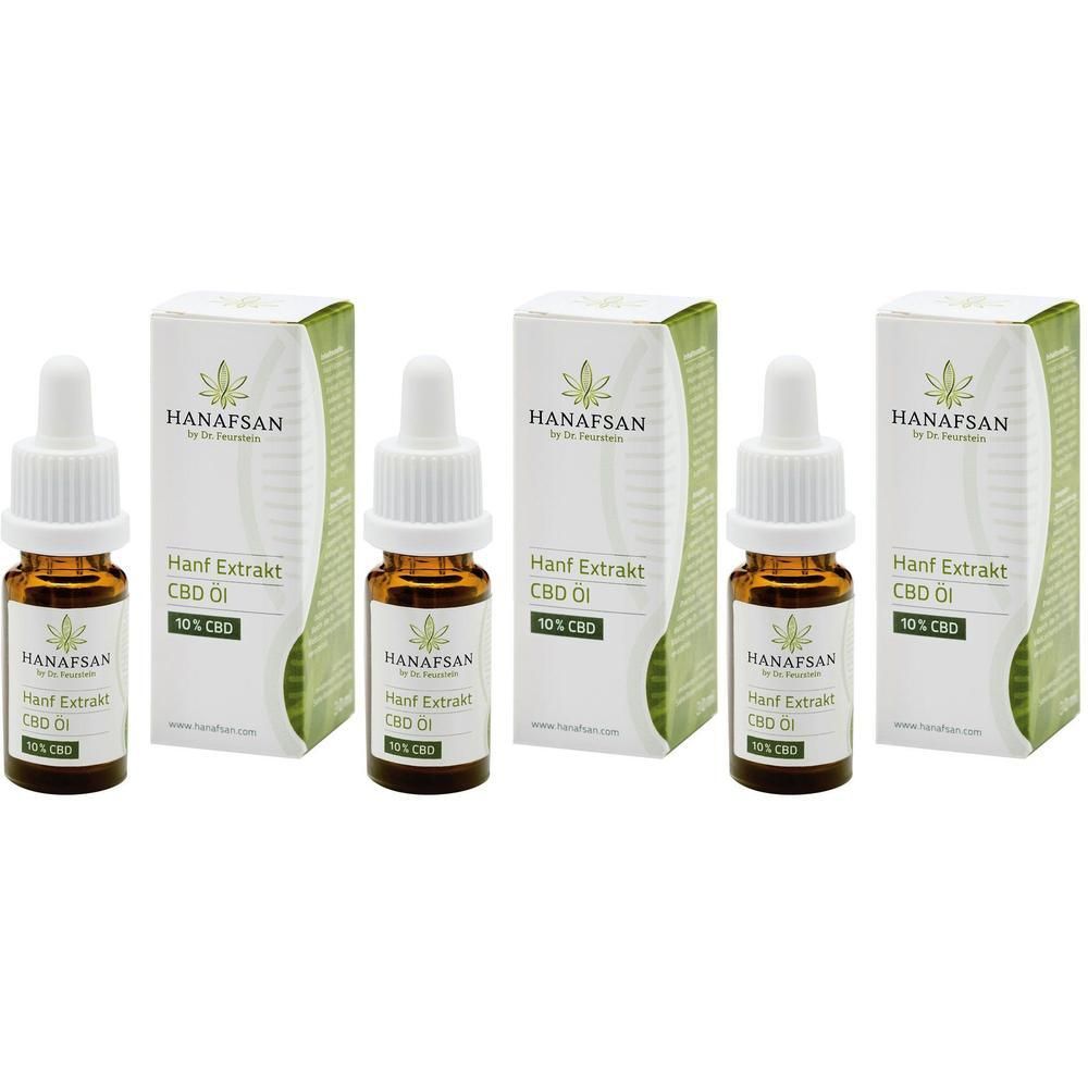 Drei Flaschen mit Tropfer und Verpackungen. Auf den Flaschen und Verpackungen steht "HANAFSAN Hanf Extrakt CBD Öl 10% CBD".