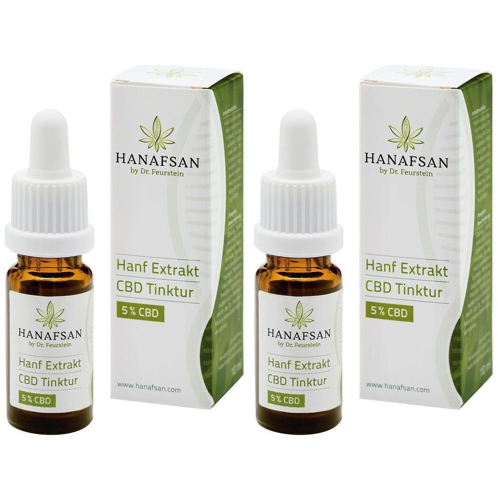 Zwei Fläschchen HANAFSAN Hanf Extrakt CBD Tinktur 5% mit Pipettenverschluss und Faltschachteln.
