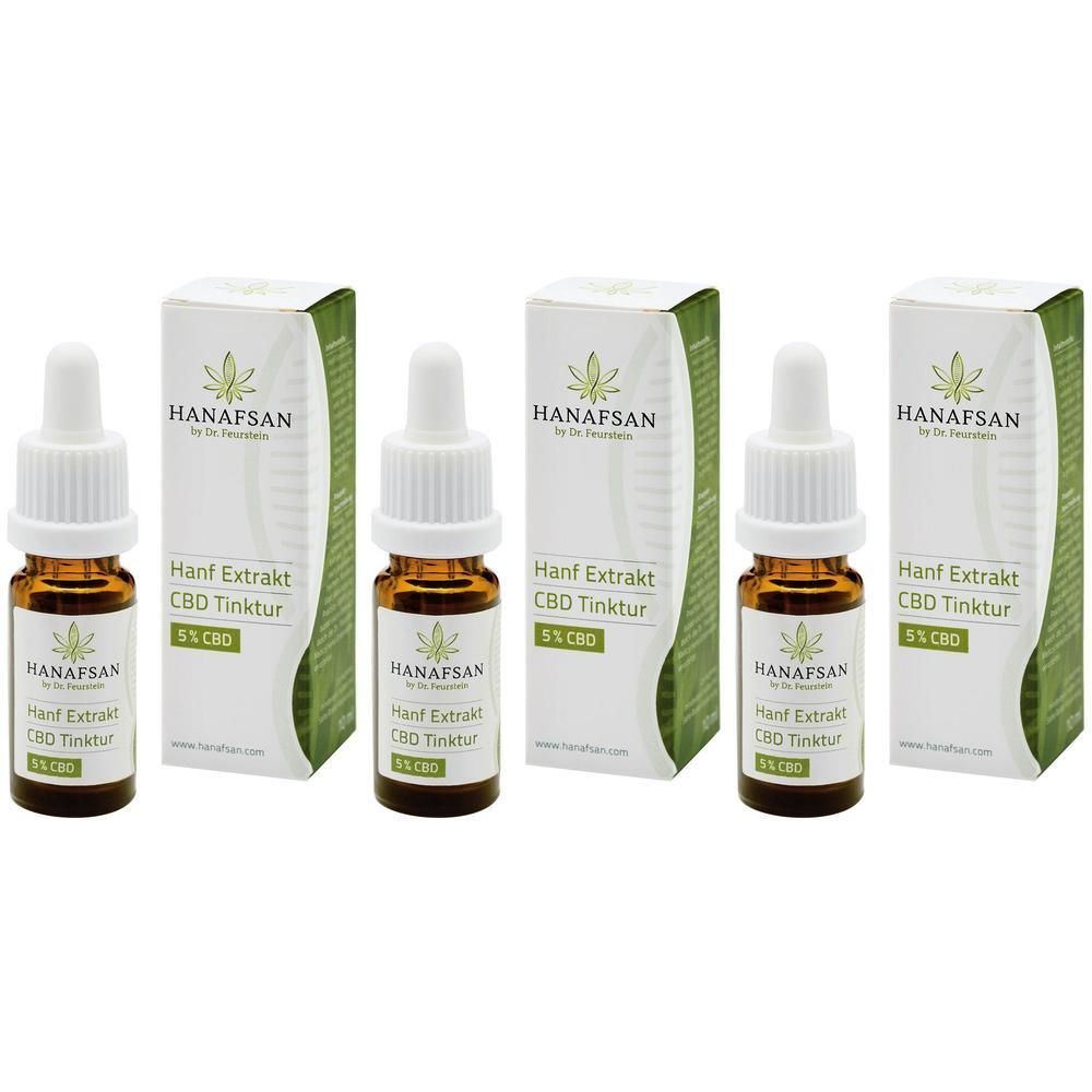 Drei Fläschchen HANAFSAN Hanf Extrakt CBD Tinktur 5% mit Pipetten und Faltschachteln.