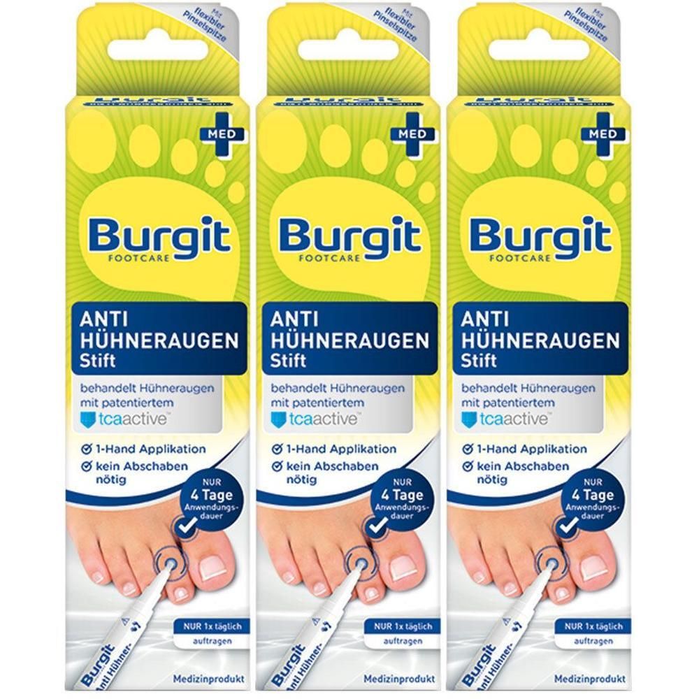 Drei Packungen Burgit Anti Hühneraugen Stift mit tcaactive. Für die Behandlung von Hühneraugen.
