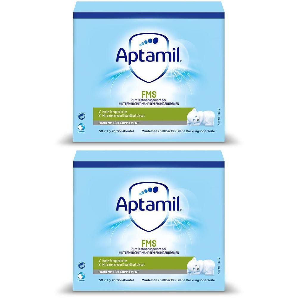 Zwei blaue Kartons mit Aptamil-Logo und FMS-Aufdruck. Text: Zum Diätmanagement bei Frühgeborenen. Mit weißem Welpen-Symbol.