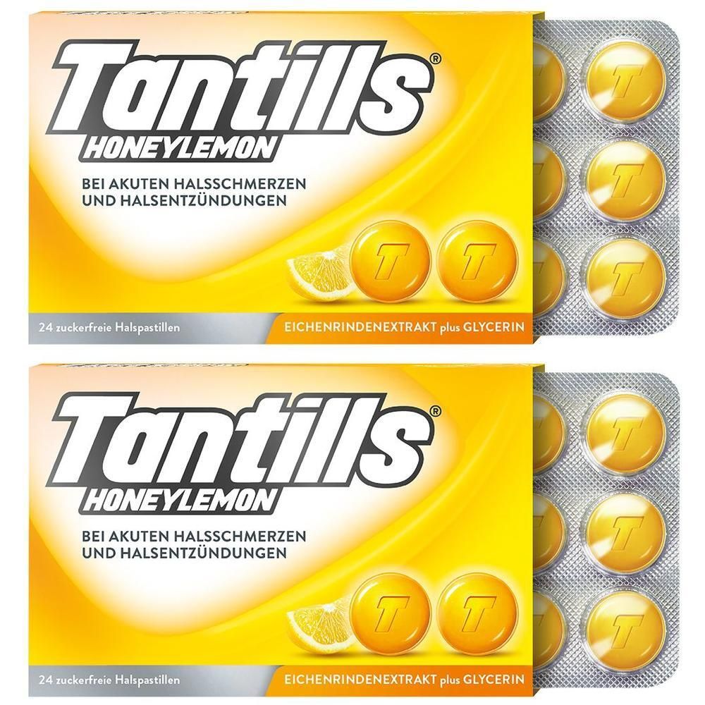 Zwei Packungen Tantills® Halspastillen Honeymelon, zuckerfrei, mit Eichenrindenextrakt und Glycerin.