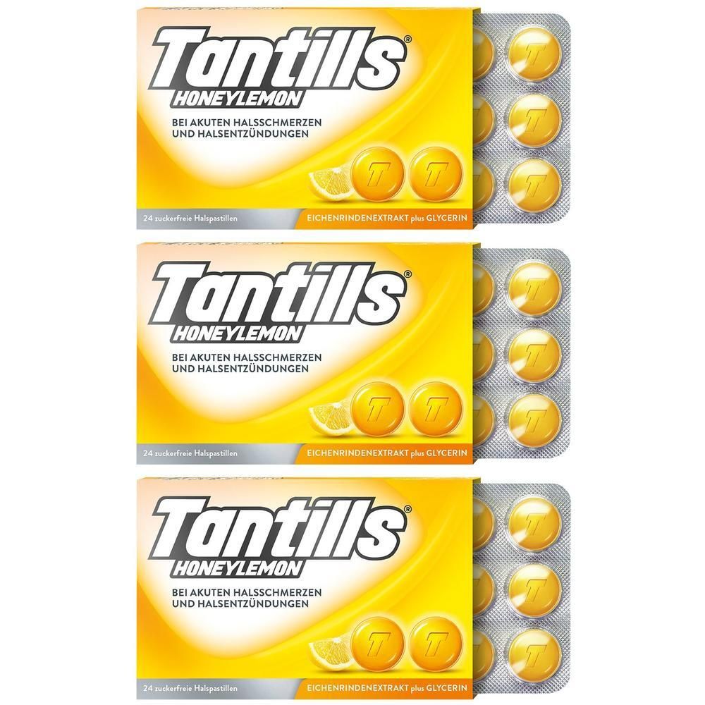 Drei Packungen Tantills Halspastillen Honig-Zitrone mit je 24 Pastillen im Blister.