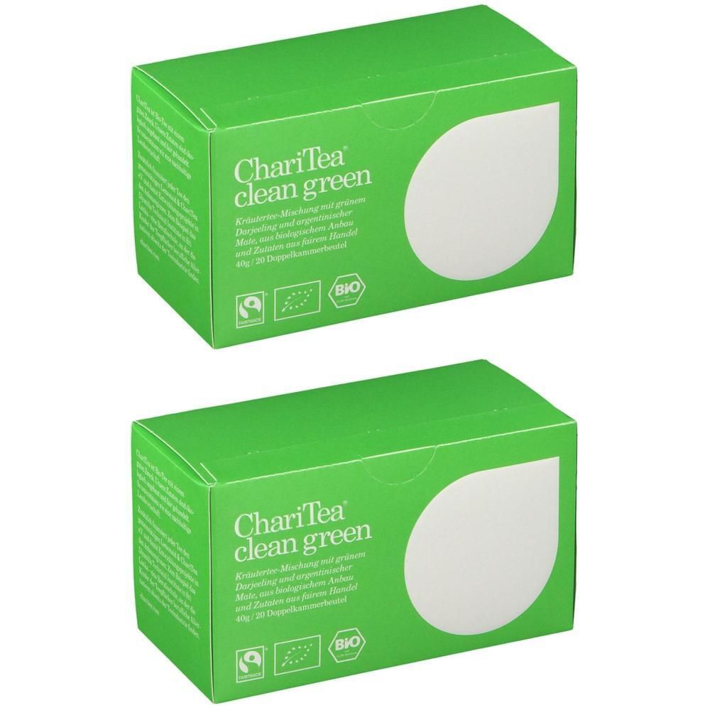 Zwei grüne Kartons mit der Aufschrift "ChariTea clean green". Bio-Siegel und weißes Blatt-Design. Text in deutscher Sprache.