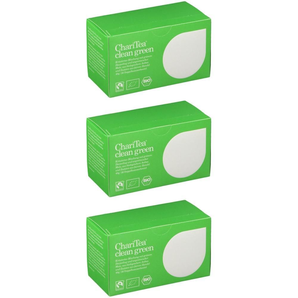 Drei grüne Kartons mit weißem Blatt-Design. Aufschrift: ChariTea clean green. Bio-Siegel.