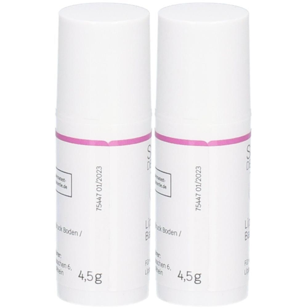 Zwei weiße Lippenbalsam-Stifte mit rosafarbenem Streifen. Aufschrift: SIRIDERMA, Lippenbalsam, 4,5g. Haltbarkeit 01/2023.