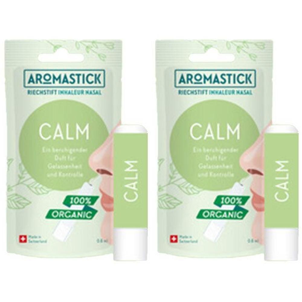 Zwei grüne Aromastick-Inhalatoren mit Verpackung. Aufschrift "CALM" und "100% ORGANIC". Schweizer Kreuz.