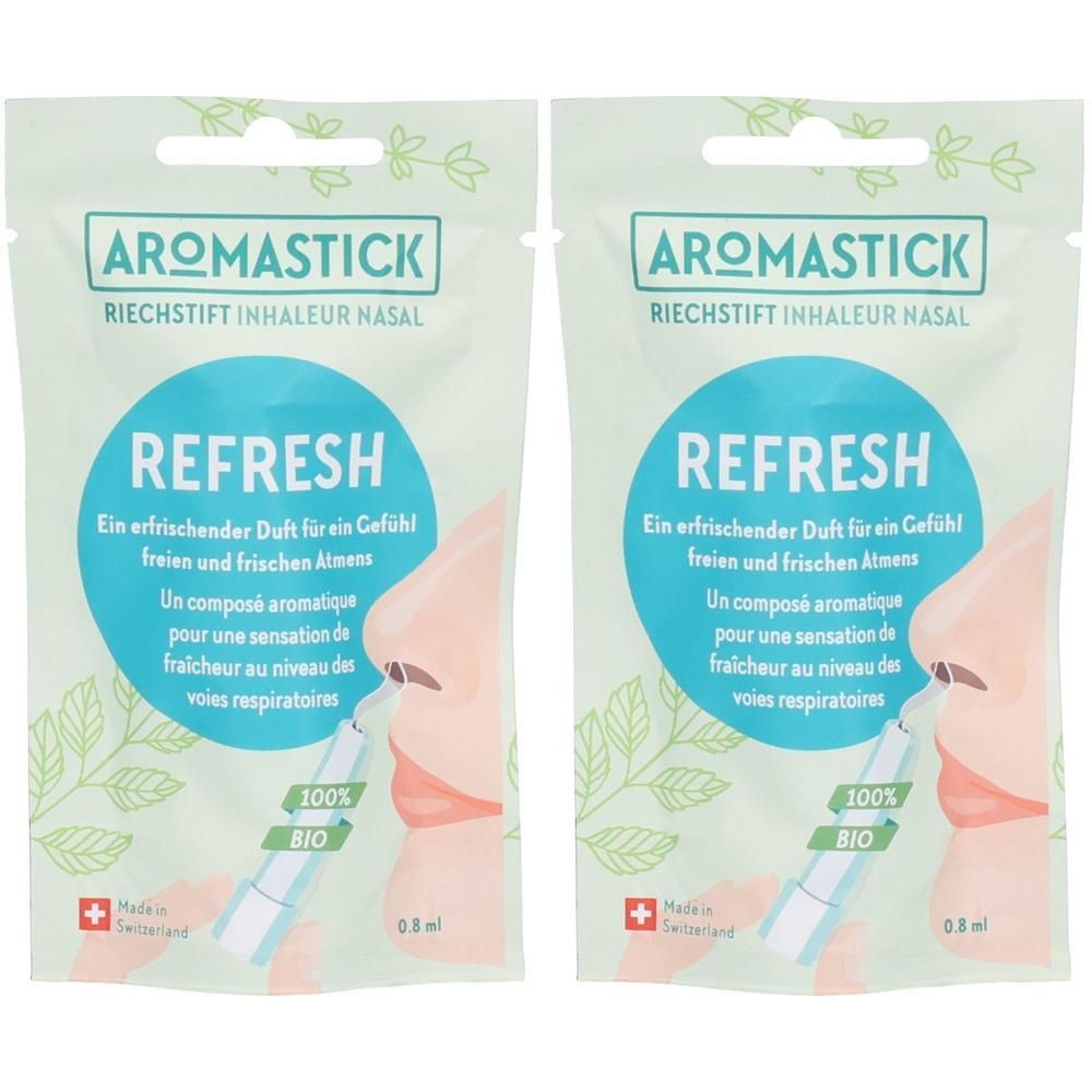 Zwei Beutel mit Aromastick Refresh. Aufschrift: Aromastick, Refresh, 100% Bio. Schweizer Kreuz. Nasen-Inhalator.