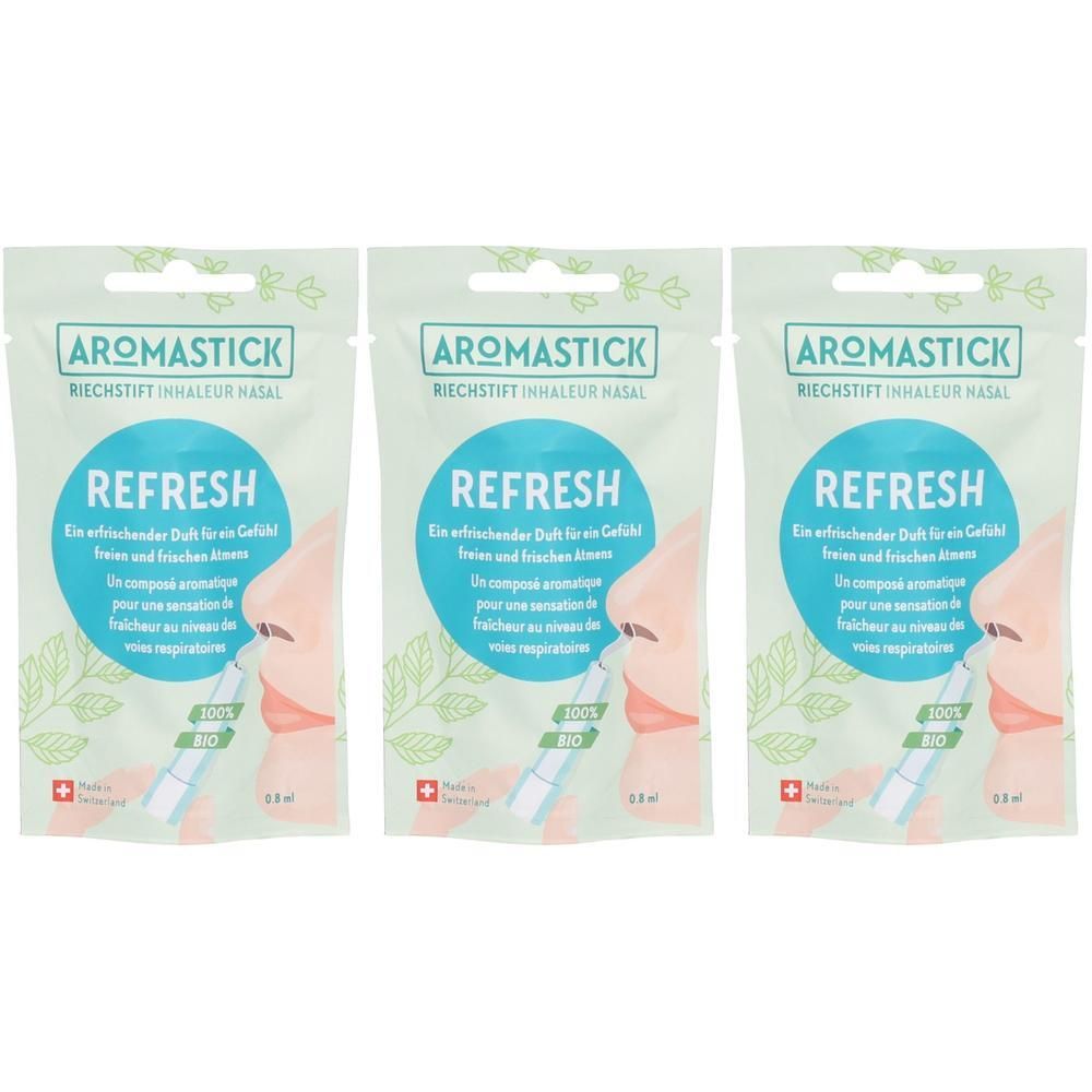 Drei Beutel mit Aromastick Refresh. Aufschrift: Aromastick, Refresh, 100% Bio. Schweizer Kreuz. Nasen-Illustration.