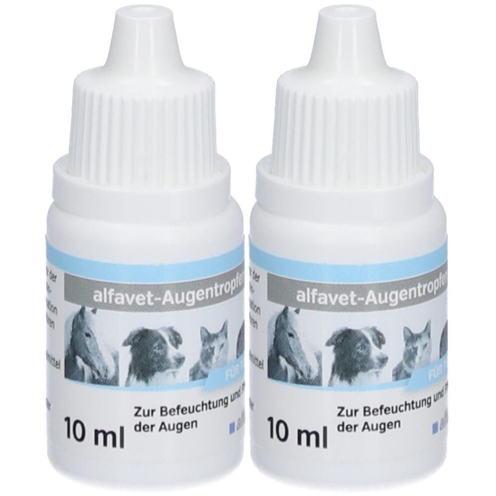 Zwei weiße Flaschen mit Augentropfen. Aufschrift: alfavet-Augentropfen, 10 ml. Abbildung von Pferden, Hunden und Katzen. Text: Zur Befeuchtung und der Augen.