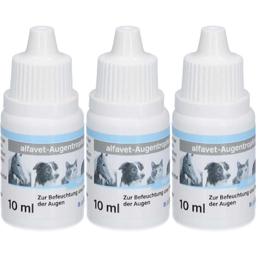 Drei weiße Flaschen mit Augentropfen. Aufschrift: alfavet-Augentropfen, 10 ml. Abbildung von Tieren.