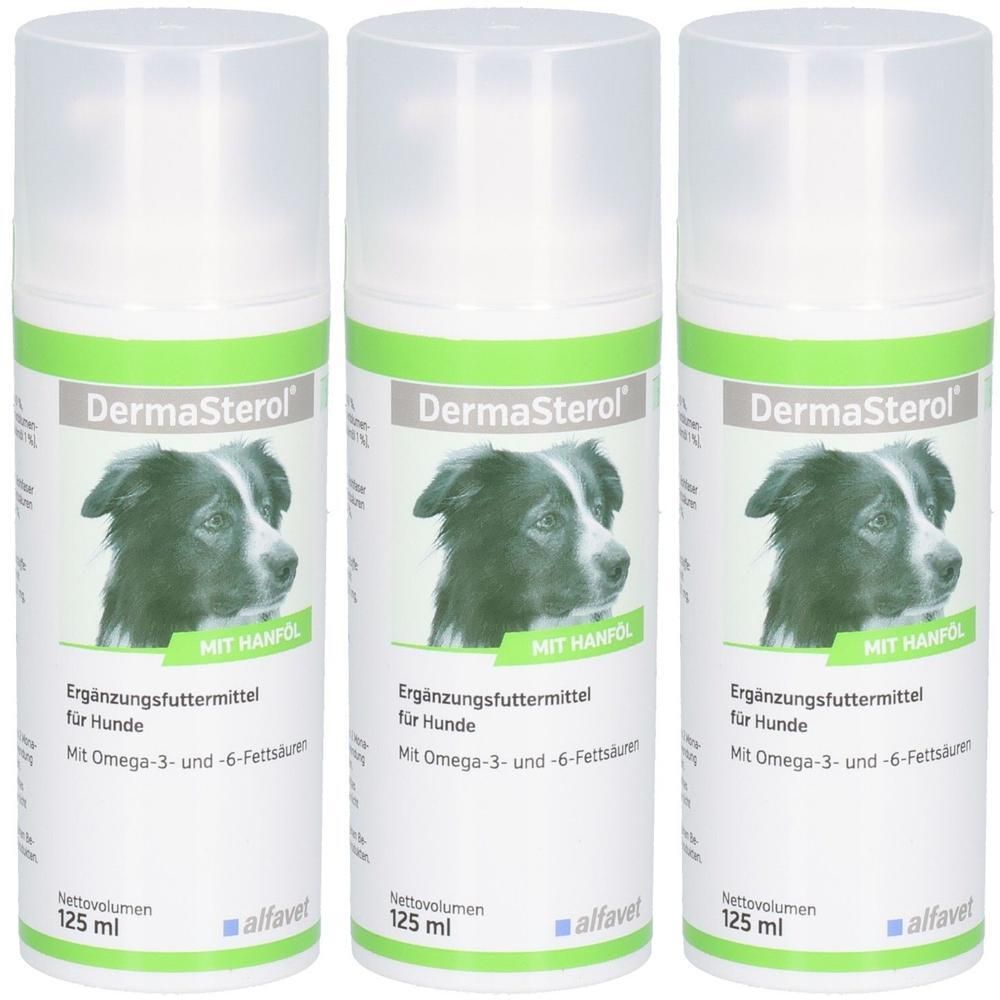 Drei Flaschen DermaSterol für Hunde. Weiß-grüne Etiketten mit Hundebild und Text. Nettovolumen 125 ml. Marke: alfavet.