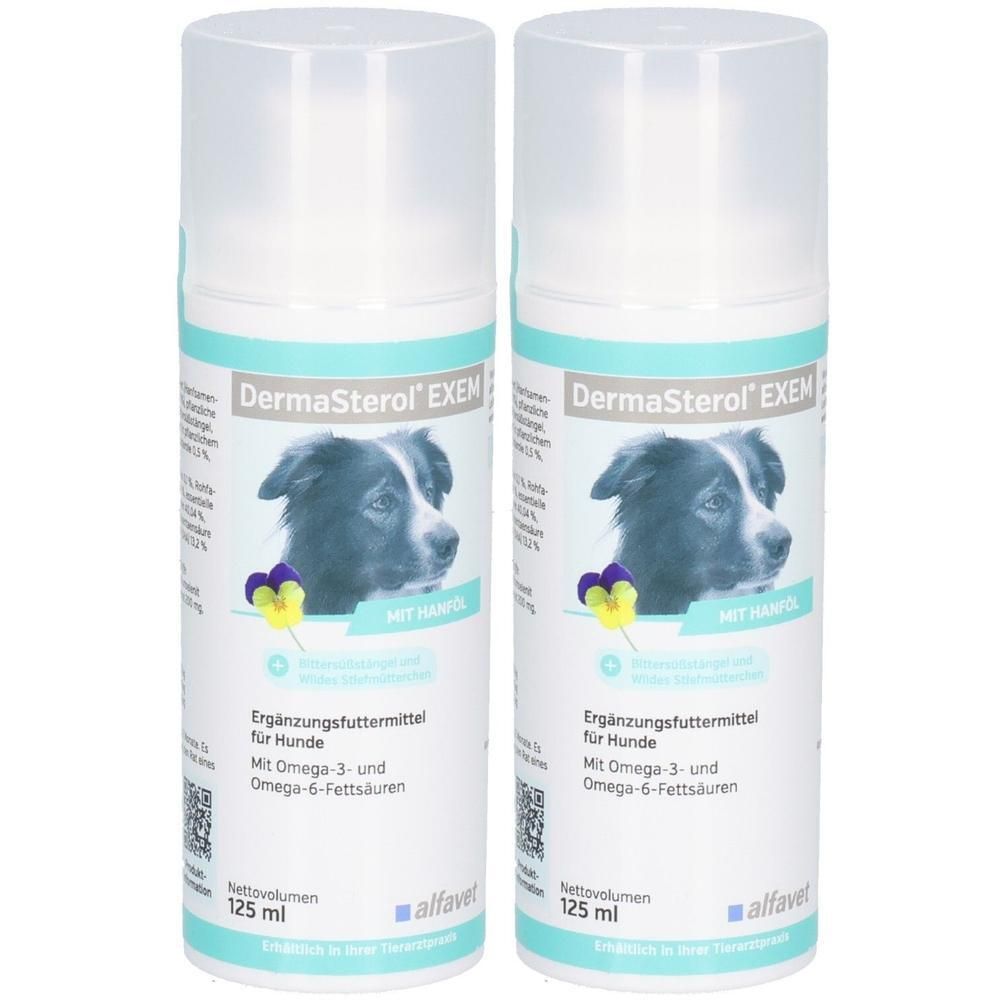 Zwei Flaschen DermaSterol EXEM. Aufschrift: Ergänzungsfuttermittel für Hunde. Mit Omega-3- und Omega-6-Fettsäuren. Nettovolumen 125 ml.