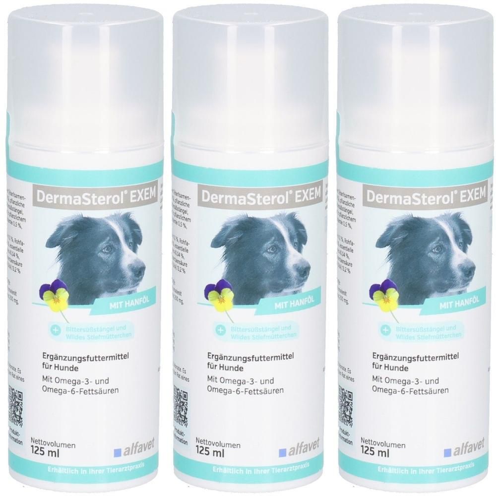 Drei Flaschen DermaSterol EXEM für Hunde. Jede Flasche hat ein Bild eines Hundes und enthält 125 ml. Aufschrift: Ergänzungsfuttermittel.