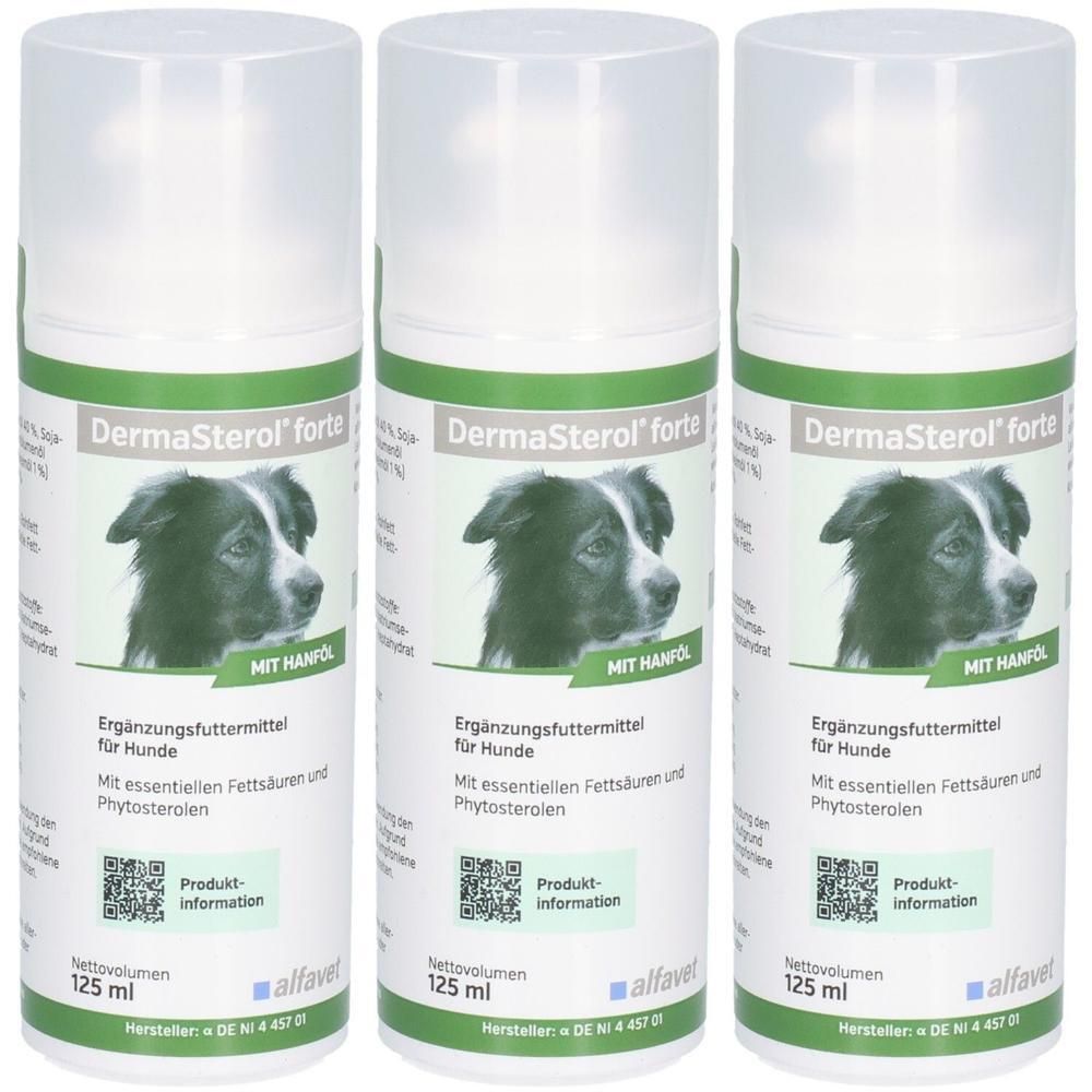 Drei Sprühflaschen DermaSterol forte für Hunde. Weiße Flaschen mit grünem Etikett und Hundebild. 125 ml.