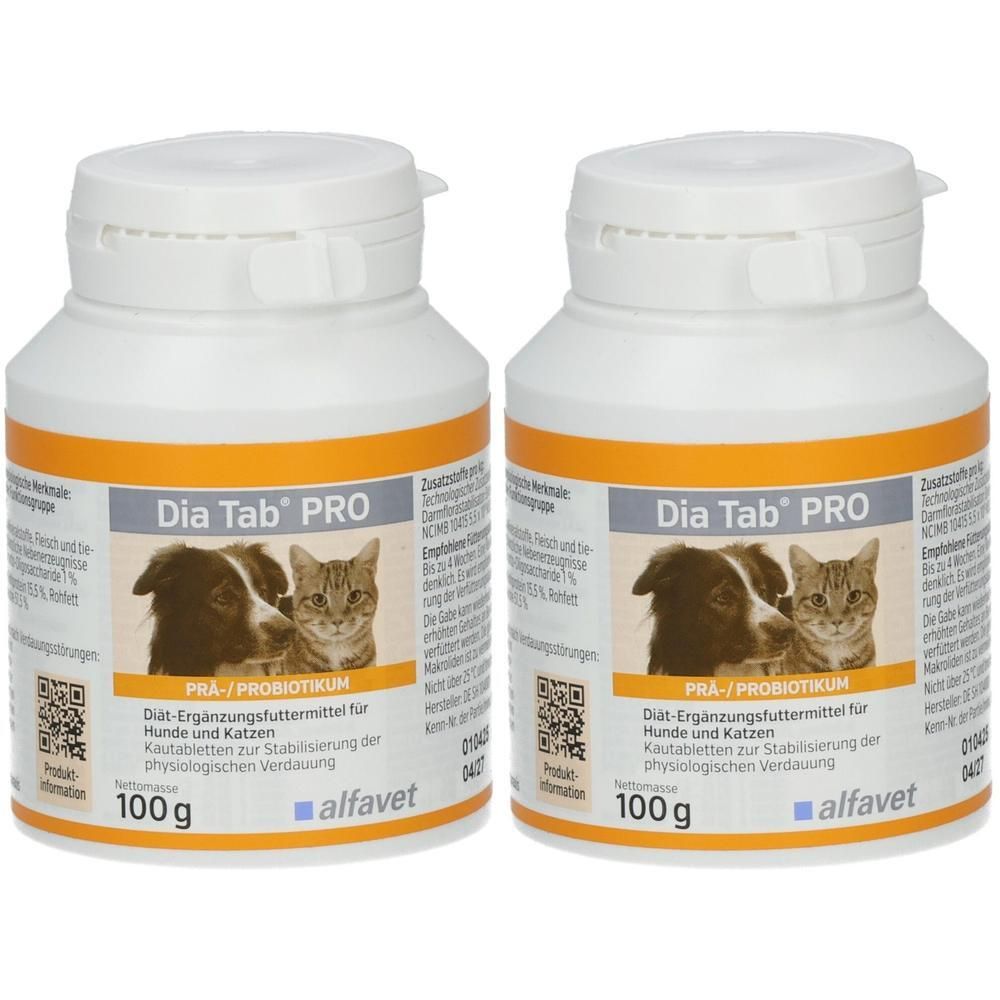 Zwei Dosen Dia Tab PRO, 100g, mit Abbildungen von Hund und Katze.