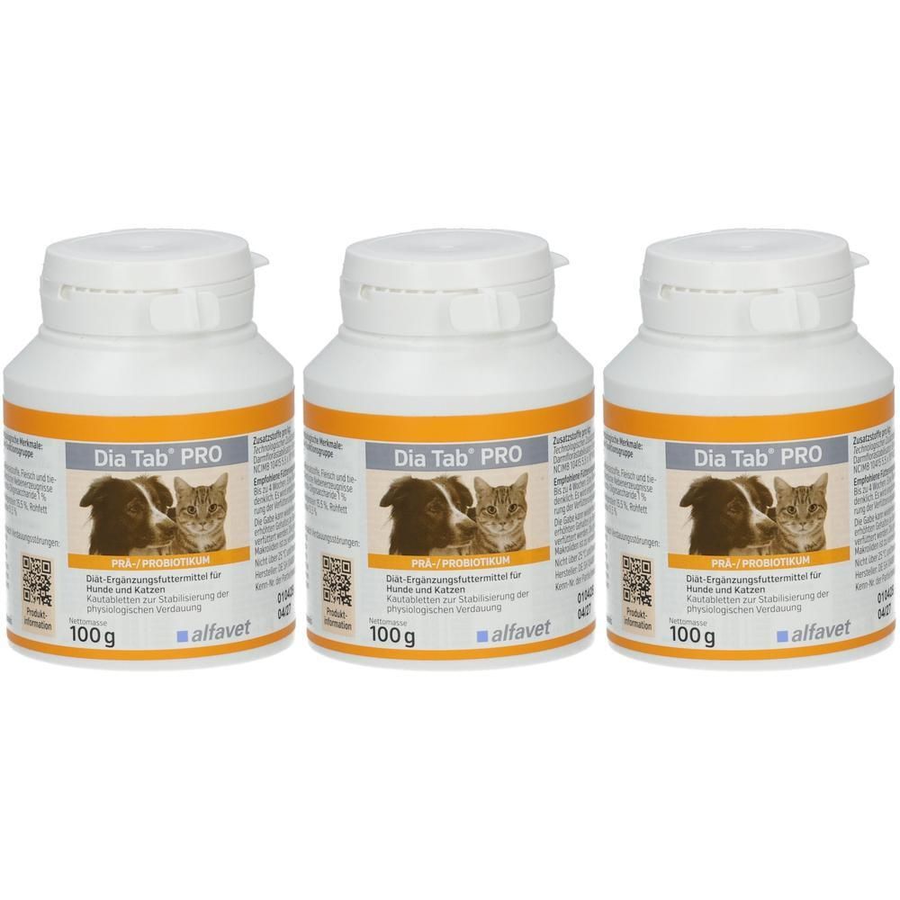 Drei Dosen Dia Tab PRO Ergänzungsfuttermittel für Hunde und Katzen, je 100g.