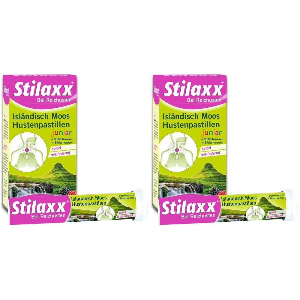 Zwei Packungen und eine Röhre Stilaxx® Hustenpastillen junior mit Isländisch Moos bei Reizhusten.
