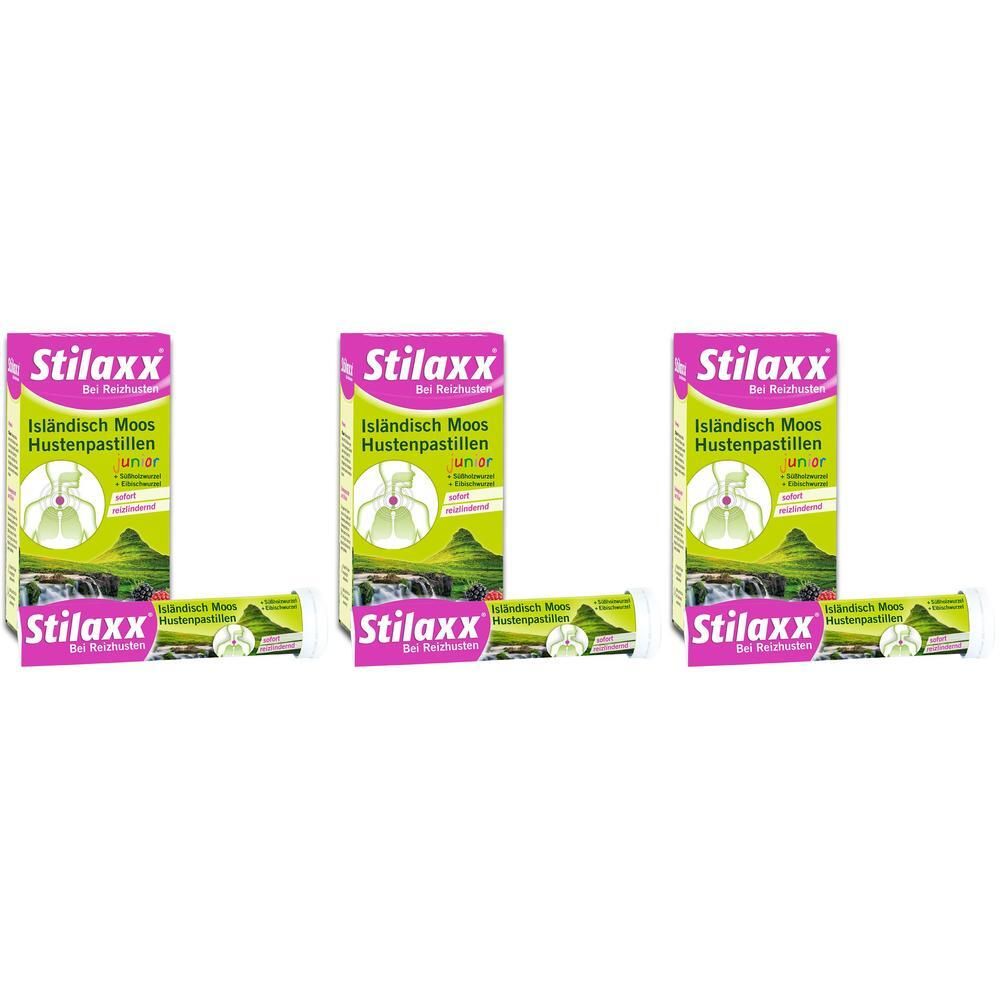 Drei Packungen und drei Riegel Stilaxx® Hustenpastillen junior mit isländischem Moos.