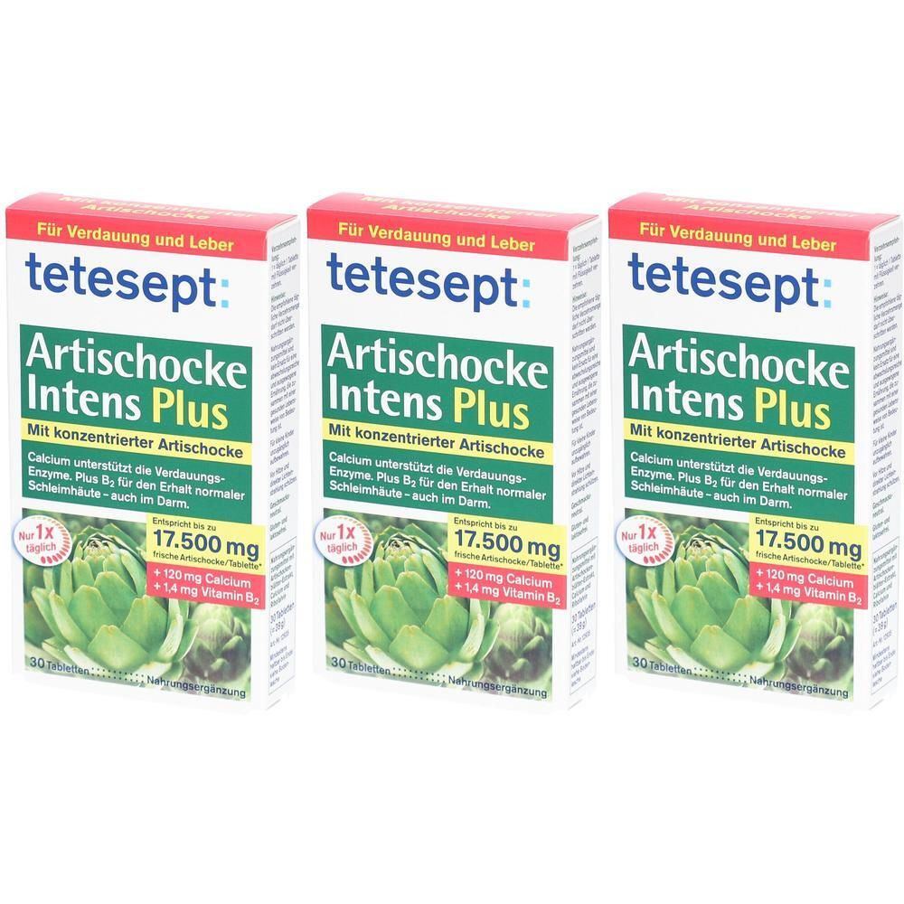 Drei Schachteln Tetesept Artischocke Intens Plus. Auf jeder Schachtel: Produktname, Artischocken-Illustration, Inhaltsangaben und Logo.
