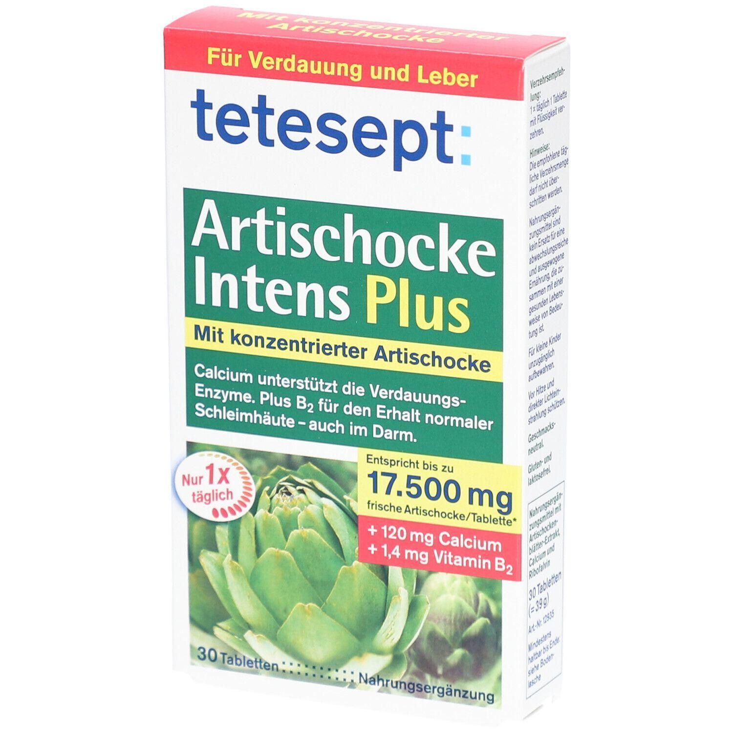 Verpackung von Tetesept Artischocke Intens Plus. Enthält konzentrierten Artischockenextrakt, Calcium und Vitamin B2. 30 Tabletten.