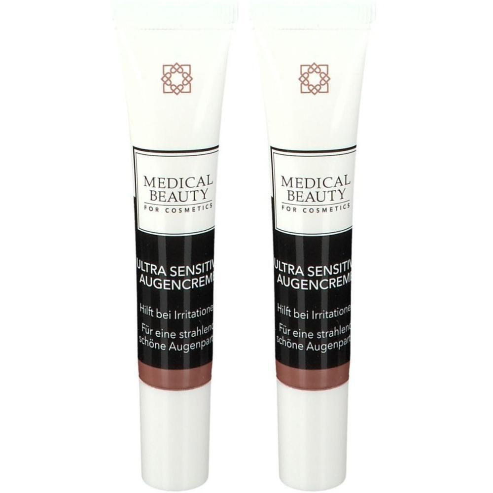 Zwei Tuben Augencreme. Weiß, mit schwarzer Schrift. Aufschrift: MEDICAL BEAUTY ULTRA SENSITIV AUGENCREME. Brauner Inhalt sichtbar.