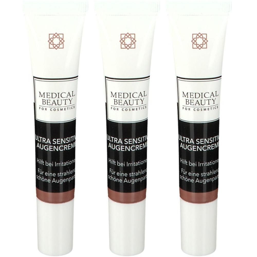 Drei Tuben Augencreme. Weiße Tuben mit schwarzer Schrift und braunem Cremeanteil. Aufschrift: MEDICAL BEAUTY, ULTRA SENSITIVE AUGENCREME.