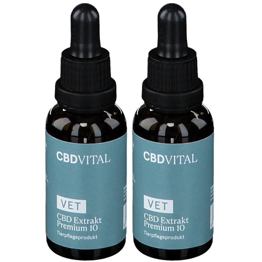 Zwei braune Glasflaschen mit schwarzen Pipetten. Auf den Etiketten steht CBDVITAL, VET, CBD Extrakt Premium 10.