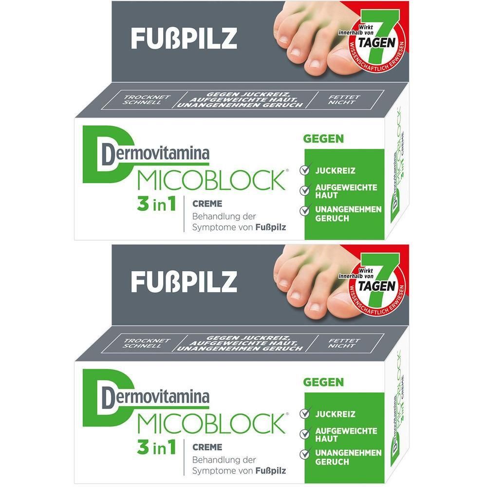 Zwei Packungen Dermovitamina Micoblock 3in1 Creme gegen Fußpilz. Zeigt Symptome wie Juckreiz und unangenehmen Geruch.