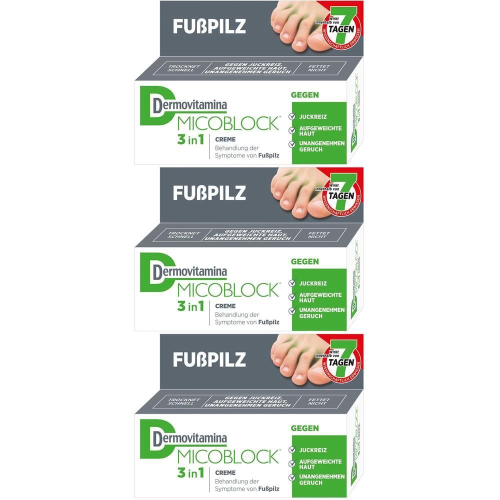 Mehrere Schachteln Dermovitamina Micoblock 3in1 Creme. Aufschrift: FUBPILZ, 7 Tage, gegen Juckreiz, aufgeweichte Haut, unangenehmen Geruch.