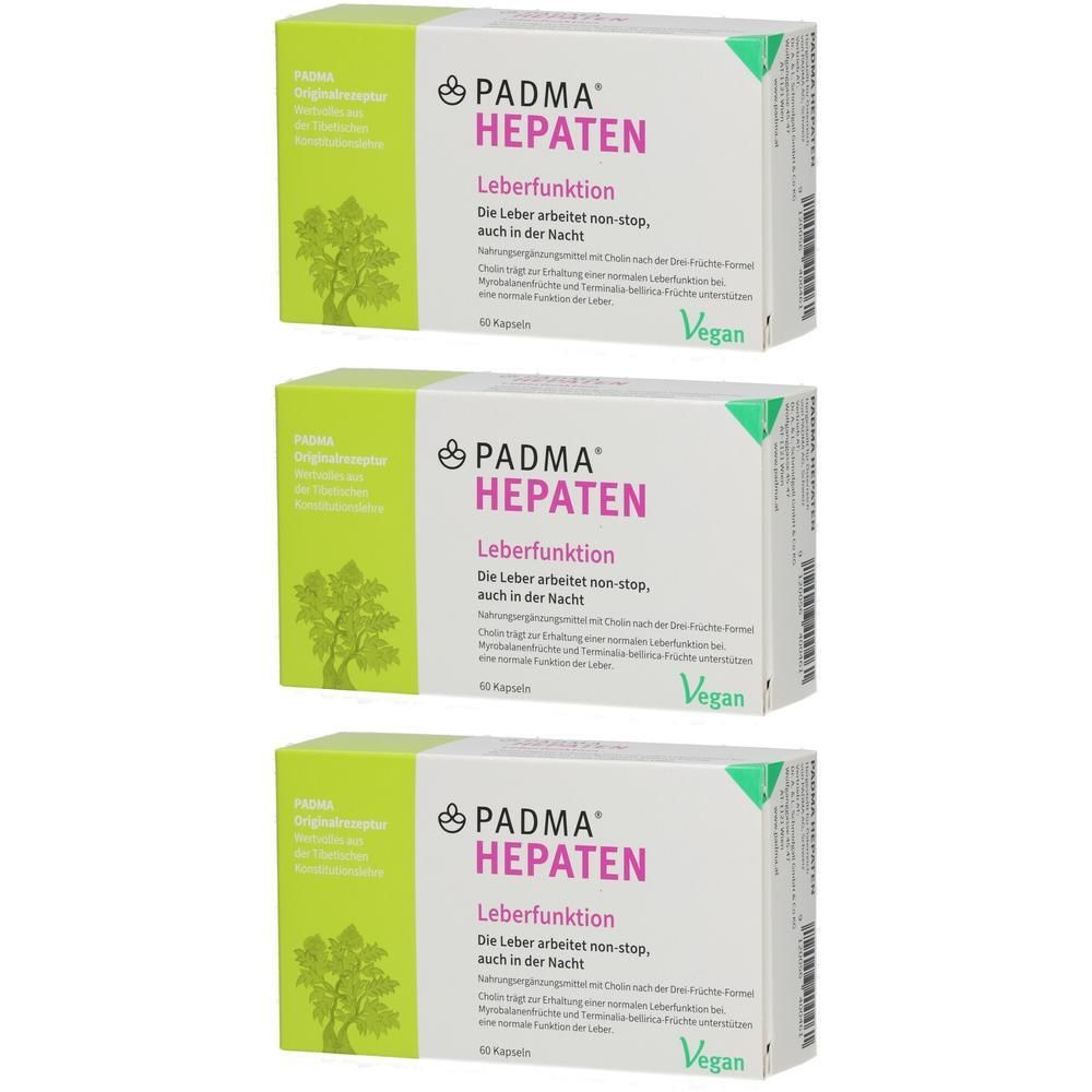 Drei Schachteln PADMA HEPATEN. Jede Schachtel hat grüne und weiße Bereiche mit Text. Vegan-Siegel. Text: Leberfunktion.