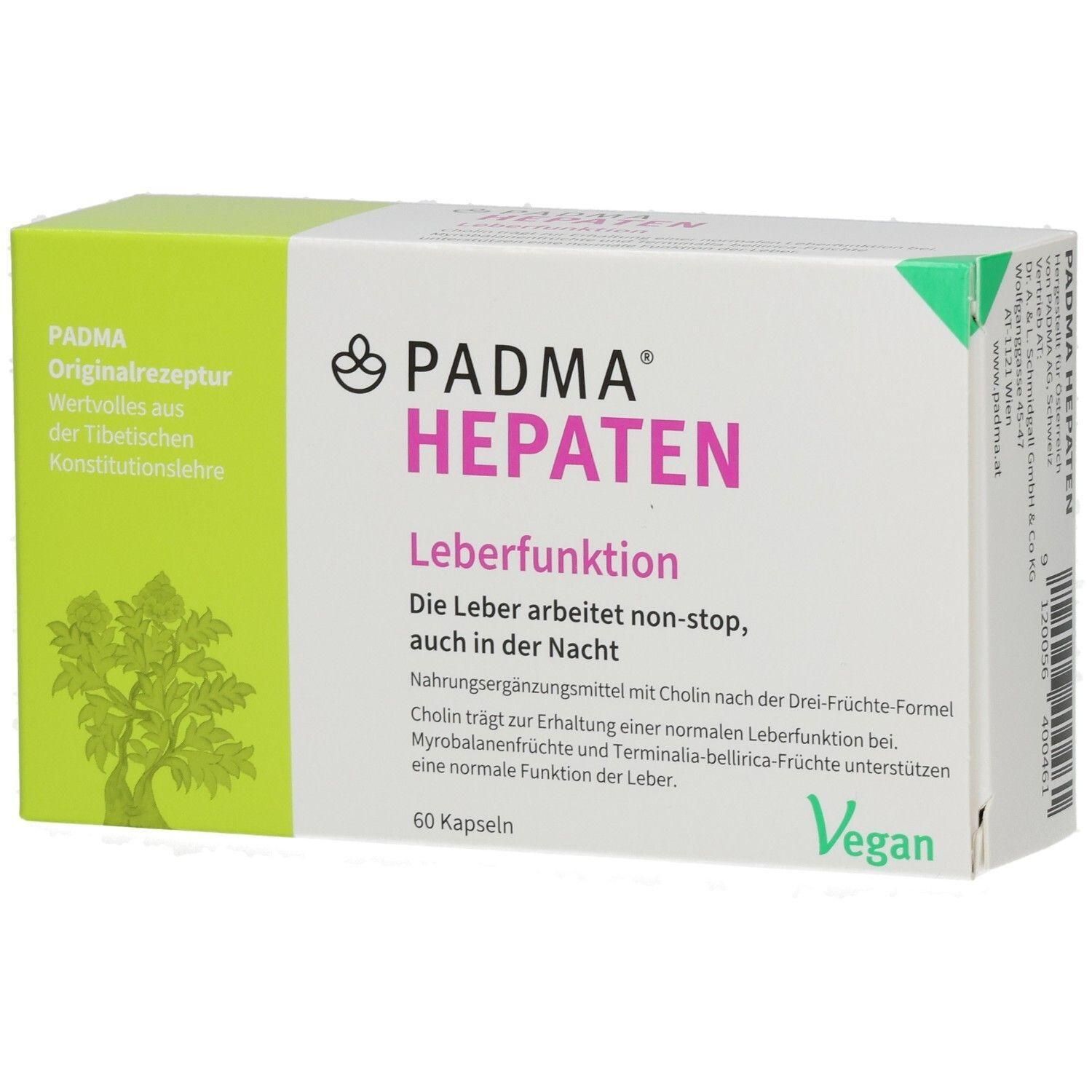 Weiß-grüne Schachtel mit PADMA HEPATEN. Schriftzug in Pink. Enthält 60 Kapseln. Vegan-Siegel. Text: Leberfunktion, Originalrezeptur.