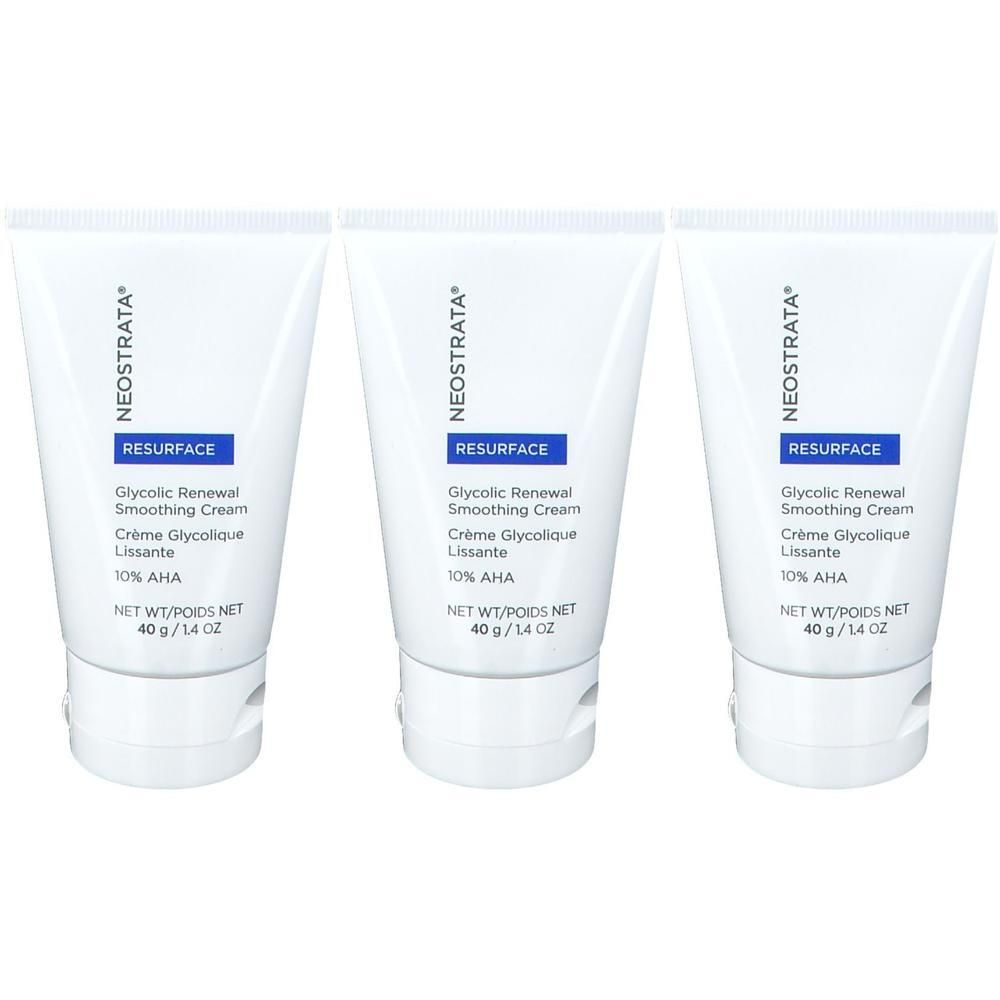 Drei weiße Tuben NEOSTRATA Glycolic Renewal Smoothing Cream mit 10% AHA.