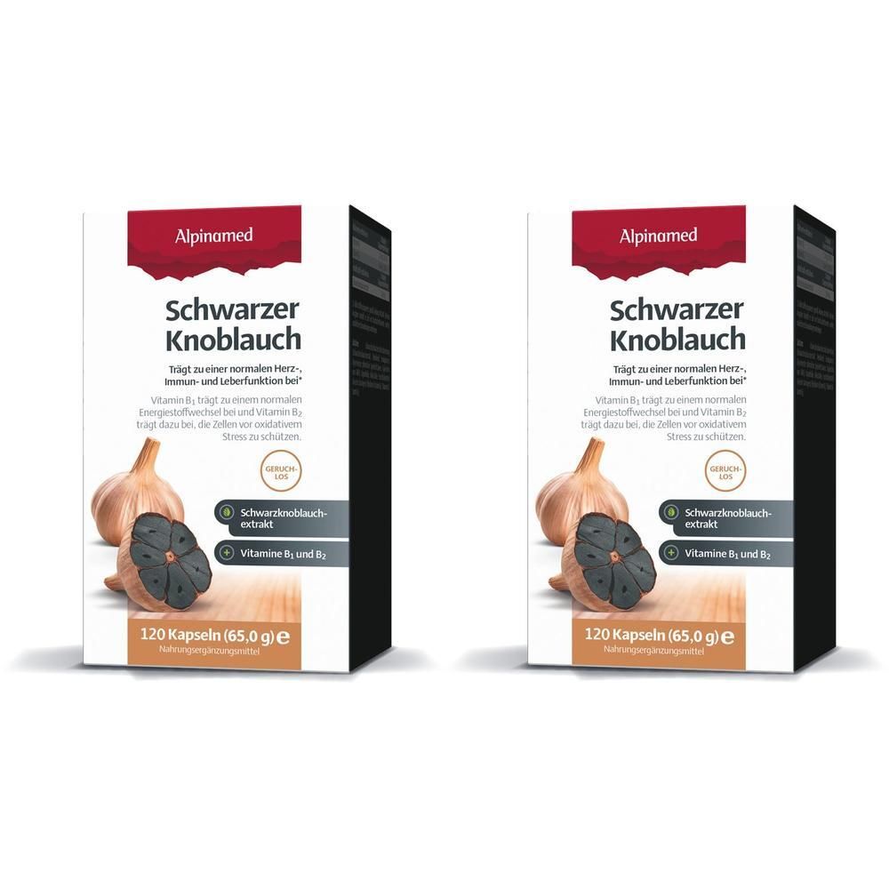 Zwei Packungen Alpinamed Schwarzer Knoblauch. Weiße Schachteln mit Produktnamen, Knoblauch-Illustrationen und Kapsel-Anzahl.