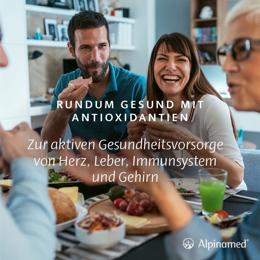 Menschen sitzen am Tisch und essen. Text: Zur aktiven Gesundheitsvorsorge von Herz, Leber, Immunsystem und Gehirn.