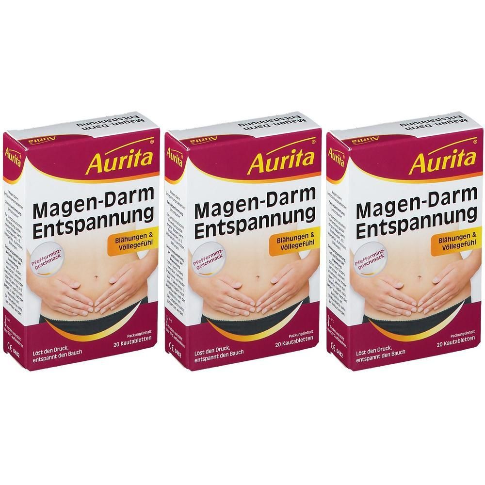 Drei Schachteln Aurita Magen-Darm Entspannung. Aufdruck: Blähungen & Völlegefühl. 20 Tabletten. Logo Aurita.